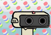 a cartoon drawing of a camera with a pattern of colorful circles behind it