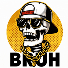 an illustration of a skeleton wearing sunglasses and a hat with the word bruh below him