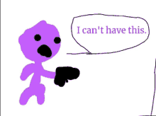 a drawing of a purple stick figure with a gun and a speech bubble that says i can 't