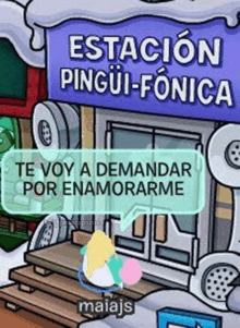 a cartoon penguin is standing in front of a building with a sign that says estacion pingüi-fonicala .