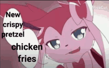 a pink pokemon is holding a sign that says `` new crispy pretzel , chicken fries '' .