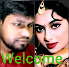 a man and a woman are standing next to each other and the word welcome is on the bottom