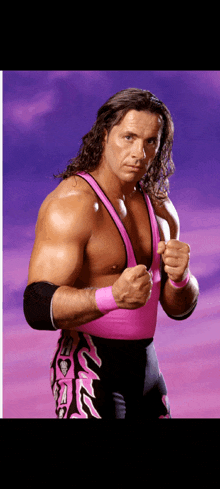 a wrestler in a pink and black outfit stands in front of a purple sky