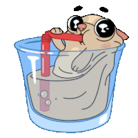 a cartoon of a pug drinking from a glass with a straw