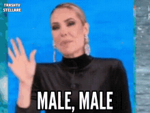 a woman says male male in a blue background