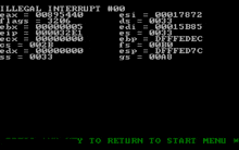 a black screen with white text that says illegal interrupt # 00 on it