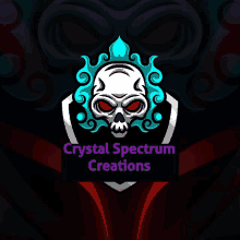 a logo for crystal spectrum creations features a skull with red eyes