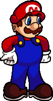 a cartoon drawing of mario wearing overalls and a red hat with a letter m on it