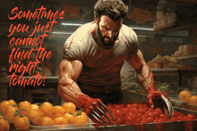 a painting of wolverine reaching into a tray of tomatoes