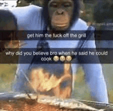 a chimpanzee is standing in front of a grill with tongs in his hand .