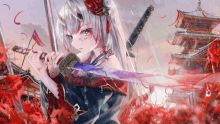 a girl with white hair and red eyes is holding a sword in her hands