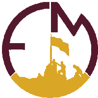 a logo for fm with a man holding a flag in the middle