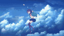 a girl in a school uniform is flying through a cloudy sky