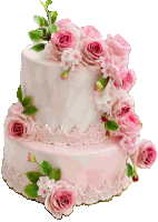 a pink and white cake with pink roses on top