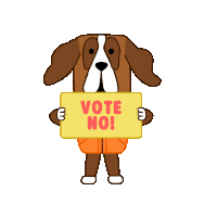 a brown and white dog holding a sign that says vote no