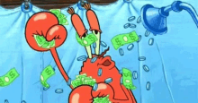 a cartoon character from spongebob squarepants is holding a bunch of money in his hands .