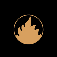 a circle with a flame in it on a black background