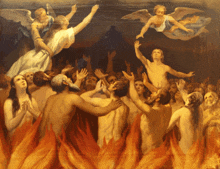 a painting of a group of people surrounded by fire and angels