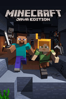 a poster for minecraft java edition with steve and alexia