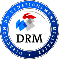 a blue and white logo that says drm in the middle