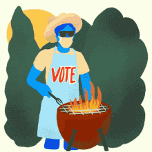 a man wearing a blue apron that says vote on it