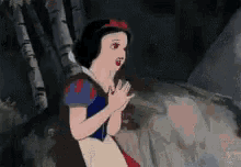 snow white from snow white and the seven dwarfs is standing in the woods with her hands together .