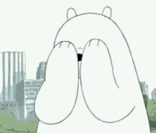 a cartoon polar bear is covering his eyes with his hands .