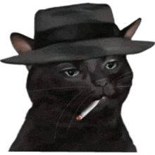 a black cat wearing a fedora hat is smoking a cigarette