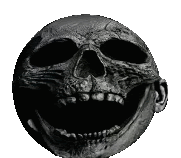 a black and white photo of a skull with a smiley face .