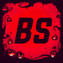 the letter bs is on a red background surrounded by pumpkins