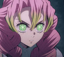 a girl with pink hair has green eyes that look like a star