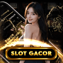 a woman is standing in front of a slot gacor logo