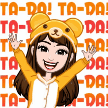 a cartoon girl is wearing a teddy bear hat and waving her hands