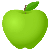 a green apple with a brown stem and a green leaf