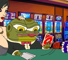 a cartoon of a frog holding a card that says ' u ' on it