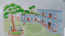 a drawing of a school with a flag and a tree