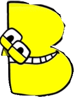 a cartoon drawing of a yellow letter b with a big smile on its face .