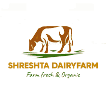 a logo for shreshta dairy farm shows a cow grazing in the grass