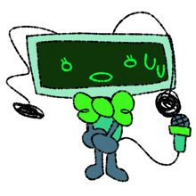 a drawing of a cartoon character with a microphone and a green screen that says ' o ' on it