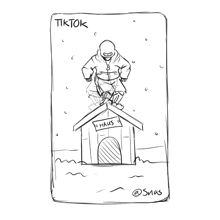 a black and white drawing of a man standing on top of a dog house with the word tiktok written on it