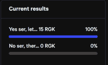 a screen showing current results with a blue line between yes and no