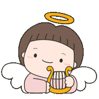 a cartoon angel is holding a harp and has a halo on his head