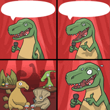 a cartoon of a t-rex holding a microphone