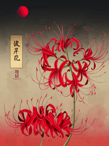 a painting of red flowers with chinese writing and a red moon in the background