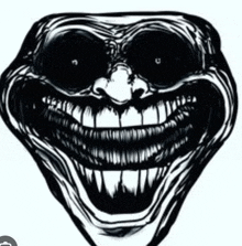 a black and white drawing of a troll face with big teeth and a big smile .