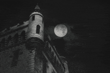 a black and white photo of a building with a full moon behind it