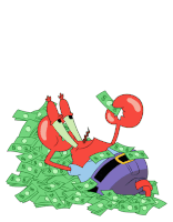 a cartoon crab is laying on a pile of money and holding a dollar bill