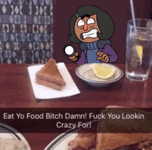 a cartoon character is holding a magnifying glass while sitting at a table with food