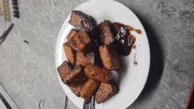 a white plate topped with fried meat and sauce