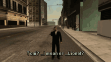 a video game scene with a man talking on a cell phone and the words toni mean er lionel